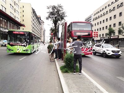 公交站台设在隔离带存学校宣传栏在安全隐患 市民感觉不安全